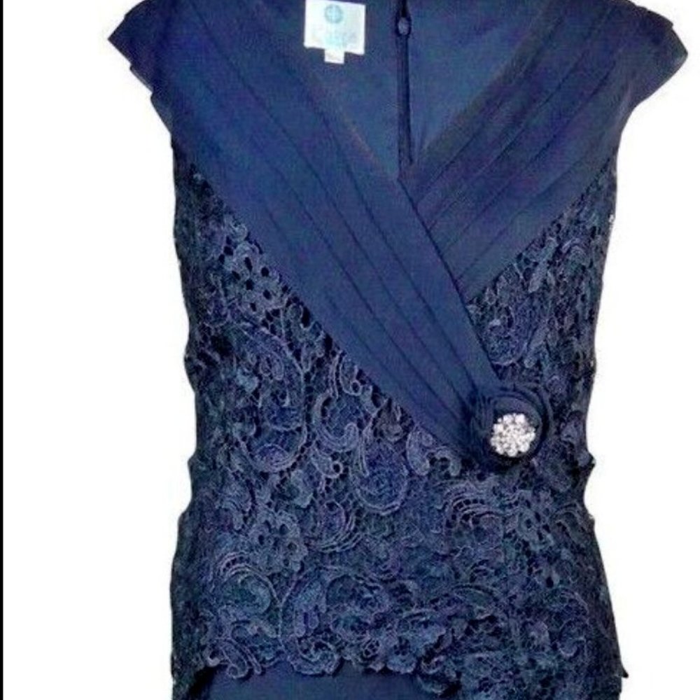 Patra Women's Pleated Rhinestone Bling Lace Blue Chiffon Formal Gown 10 $399